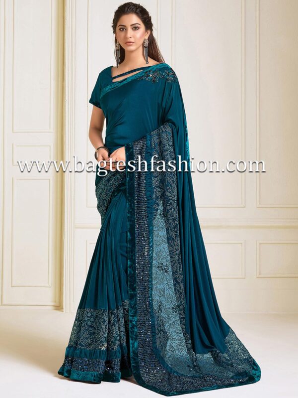 Stunning Lycra Teal Blue Bridal Saree